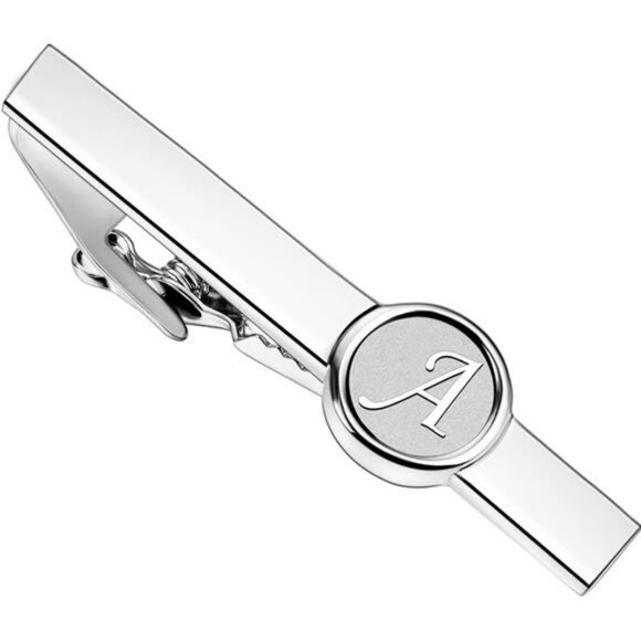 Mens Silver Tie Clip Cufflinks Set Initial Letter A Business Wedding Gift - Picture 1 of 5